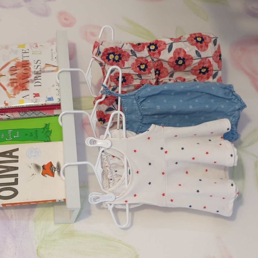 Four piece baby bundle- romper, dress, and top with bloomers